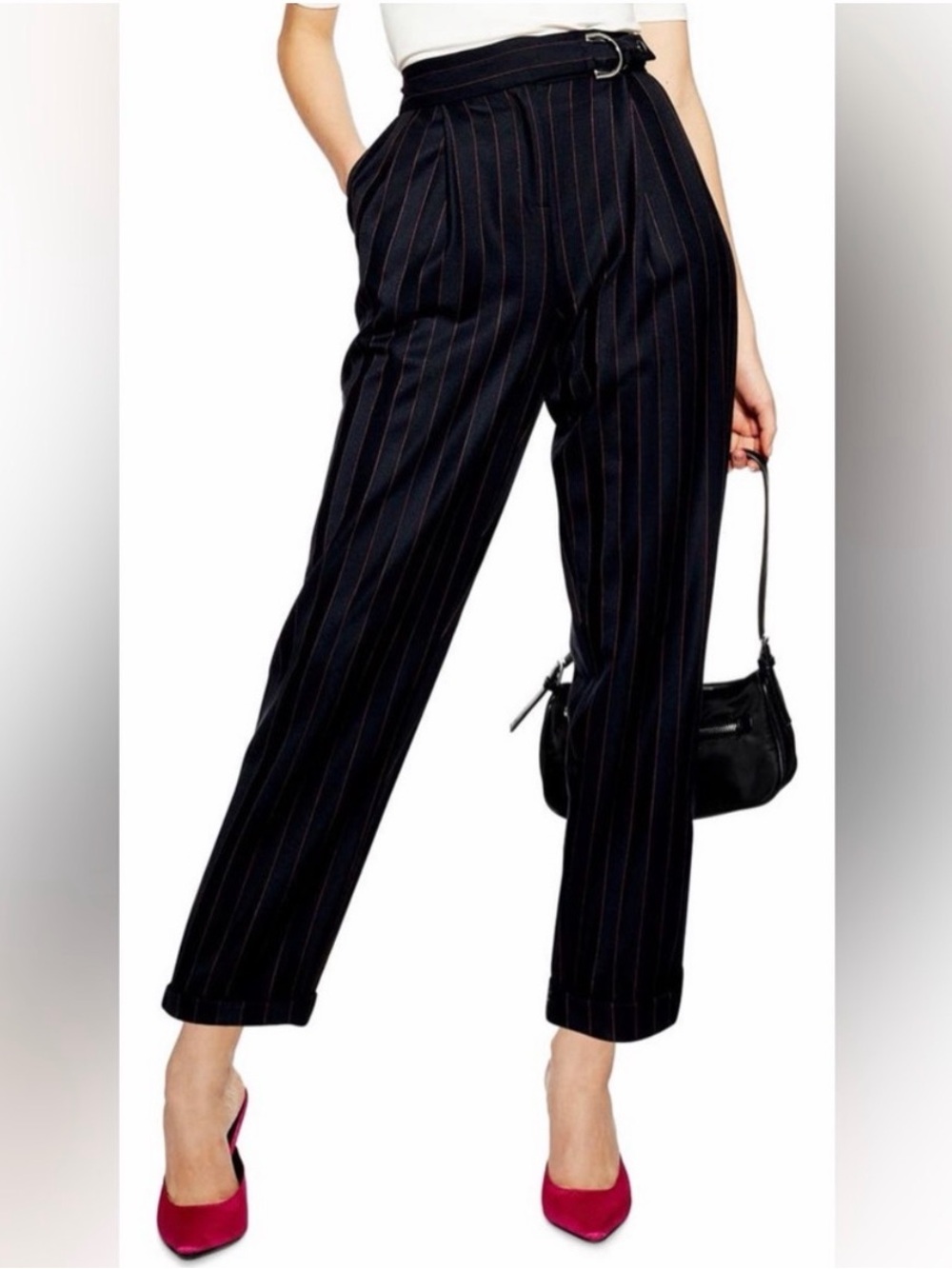 New Topshop High-Waist Black Pinstripe Pleated Trousers